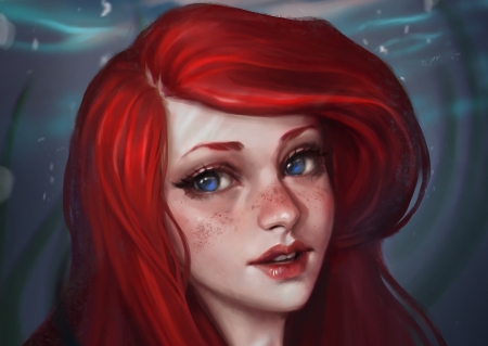 Little mermaid Ariel - ariel, fantasy, siren, redhead, mermaid, freckles, face, junica hots, luminos