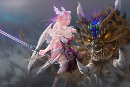 Angel and dragon - leu, frumusete, sword, girl, angel, cl m, lion, pink, fantasy, clmart, dragon, luminos