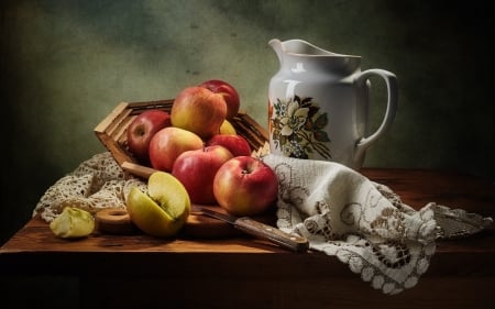 Apples Still Life - apples, wooden, photo, still life, jug