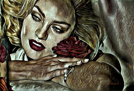 Candice Swanepoel - by cehenot, portrait, cehenot, pictgura, hand, red, painting, rose, Candice Swanepoel, face, art