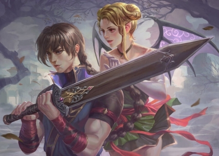 Fantasy couple - art, sword, man, girl, pink, fantasy, boy, xiaobotong, couple, luminos