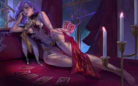 Fantasy girl - xiaobotong, candle, girl, pink, fantasy, purple, red, card, luminos