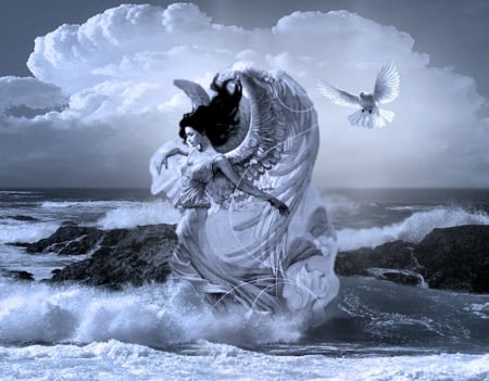 Angel at Sea - clouds, pretty, womens wardrobe, beautiful, the WOW factor, dove, sea, angel, lovely, grandma gingerbread, Angel at Sea, The Beauty Woman, etheral women, waves