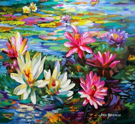 Lotuses - blue, white, art, lake, summer, pink, painting, pictura, flower, yellow, water lily, water, vara, leon devenice, lotus