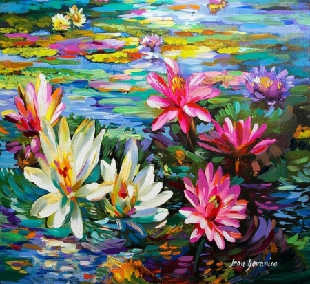 Lotuses - lotus, water, yellow, summer, blue, water lily, flower, pink, pictura, white, leon devenice, painting, lake, art, vara