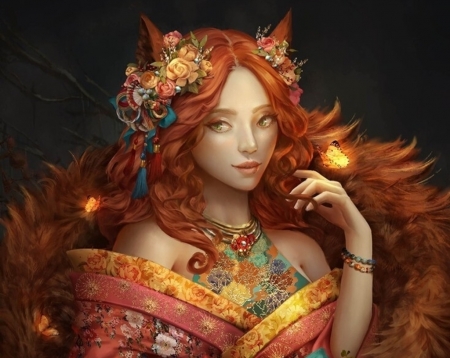 Korima - tattoo, hoanglapsolan, ears, fox, girl, hoang lap solan, orange, frumusete, fantasy, redhead, hand, luminos