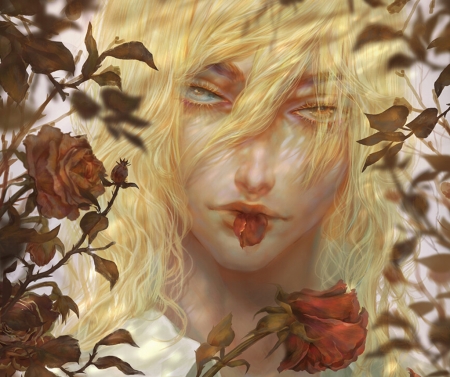 Dried rose - dried, flower, man, pedo hika, fantasy, red, ose, blond, rose, face, luminos