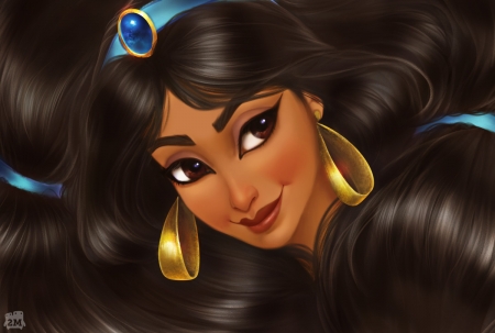 Jasmine - golden, brunette, eyes, disney, girl, 2minds studio, jewel, earrings, fantasy, face, luminos, princess, hair, jasmine