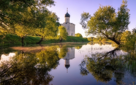 Church in Russia - river, trees, Russia, church, reflection