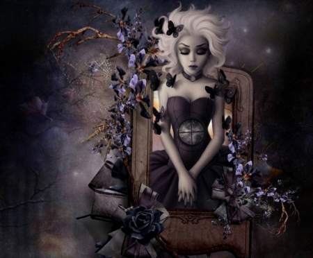 BLACK BUTTERFLIES - black, butterflies, female, flowers