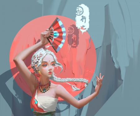 Dancer - blue, white, frumusete, art, girl, hand fan, pink, fantasy, xz lv1q, evantai, luminos