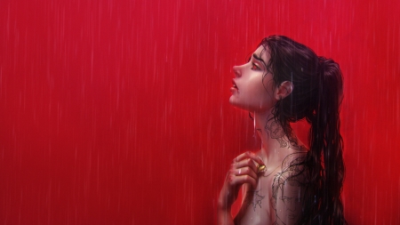 Rain - frumusete, fantasy, red, rain, girl, 2minds studio, luminos