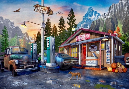 Mountain View - autumn, birds, cabin, cars, dog, gas station, pumpkins, sky, sunset, trees
