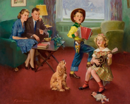 :) - singer, girl, dog, children, boy, pictura, instrument, funny, painting, cute, frederick sands brunner, caine, mother, parents, art, father