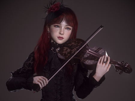 Bella - lee gh, violin, girl, bella, dark, frumusete, black, fantasy, instrument, redhead, hand, leegh, luminos