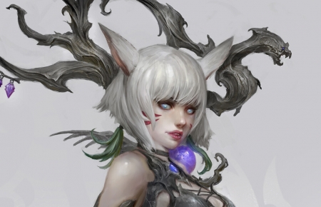 Y'Shtola - ears, fox, girl, frumusete, fantasy, white, daniel kamarudin, face, art, luminos