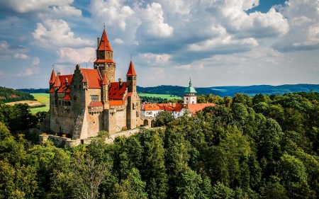Bouzov Castle in Czechia - clouds, Czechia, castle, forest, hill