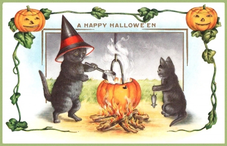 Happy Halloween! - pot, night, cat, black, retro, vintage, pisici, halloween, card