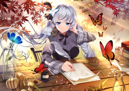 Letter for You - pretty, female, wing, maiden, white hair, animal, nice, silver hair, blue eyes, squirle, hot, letter, beauty, flower, petals, cg, lady, wings, desk, autumn, butterfly, cute, sexy, bird, pen, anime, divine, kawaii, dress, amour, long hair, adore, leaves, hd, anime girl, nuts, beautiful, table, girl, lovely, sweet, dy, adorable, paper, squirrel, leave