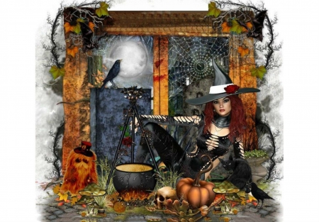 WITCH'S BREW - brew, cat, cauldron, female, pumpkin, witch