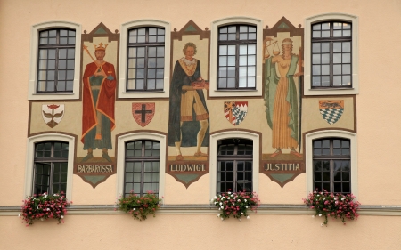 Town Hall in Germany - flowers, fresco, germany, saints, town hall, windows
