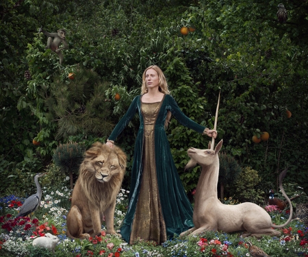 The lady and the unicorn - lady, fantasy, maiden, unicorn, laure fauvel fauvel, girl, luminos, lion