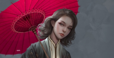 Girl with parasol - umbrella, parasol, girl, pink, huy ozuno, fantasy, face, luminos, furmusete
