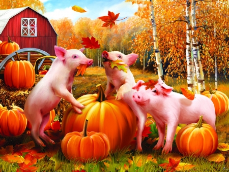 Autumn - pig, pumpkin, pink, orange, piglet, fall, pictura, toamna, autumn, painting, halloween, leaf, art