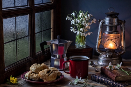 Scones, Coffee and Snowdrops - water, coffee, window, snowdrops, meal, sweets, scones, lantern, white, wooden, dew, twilight