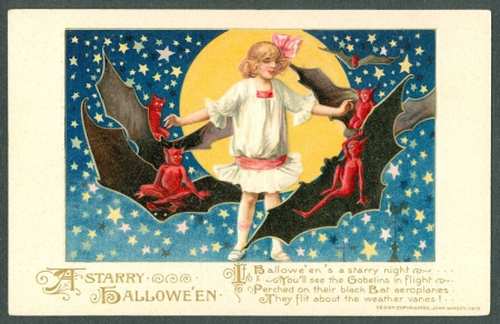 Happy Halloween! - moon, bat, yellow, blue, girl, black, fantasy, retro, vintage, red, halloween, card, demon