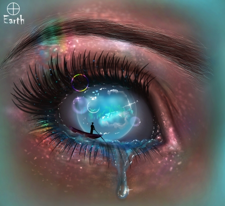 Earth - blue, boat, bubbles, earth, fantasy, luminos, nisha2313, pink, planet, tears, water
