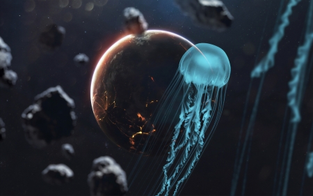Fantasy - black, blue, fantasy, jellyfish, luminos, medusa, planet, summer, vadim vadovski, vara
