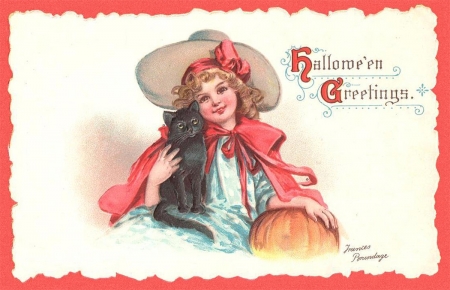 Happy Halloween! - black cat, girl, halloween, pisici, red, pumpkin, card, vintage, hat