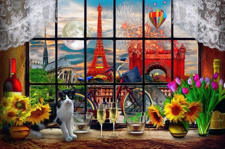Evening in Paris - arc de triomphe, artwork, balloon, bicycle, cat, church, digital, eiffel tower, planet, sunflowers, window