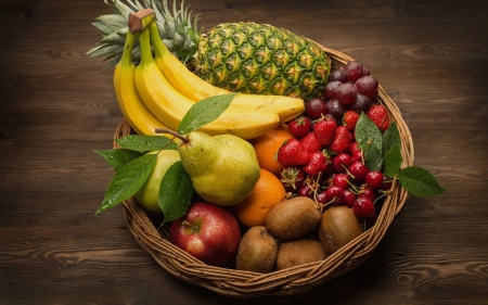 Fruits and Berries - berries, basket, wooden, fruits