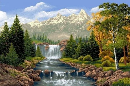 Waterfalls And Mountains - Mountains, Trees, Waterfalls, Clouds, Sky