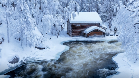 Snowy Log Cabin at Kitkajoki River in Finland - winter, river, finland, snow, nature, cabin