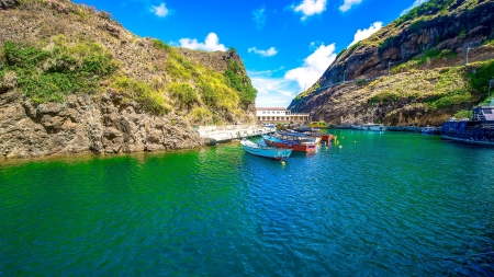 Lake Mountains - boats, clouds, lake, mountains, nature, sky