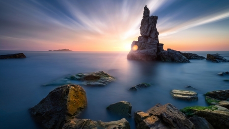 Sea Stack Rock Formation at Dalian's Coast - china, nature, rock, sea, sky, sunset