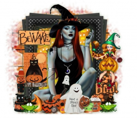 HAVE A SPOOKY DAY - female, ghosts, spiders, witch