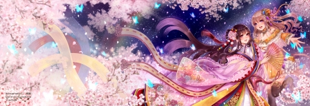 â™¥ - anime, blue, couple, evantai, frumusete, girl, hand fan, haruci, luminos, manga, pink, sakura, spring