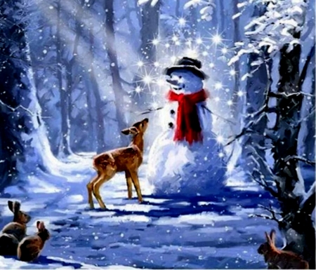 Snowman With Fawn In Forest - Bunnies, Snow, Fawn, Snowman, Forest, Hats