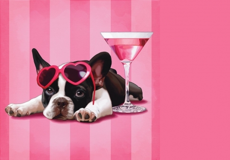 ♥ - dog, animal, black, maryline cazenave, cute, cocktail, pink, fantasy, sunglasses, glass, paw, drink, caine