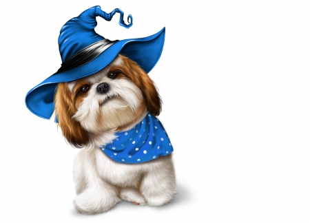 ♥ - animal, dog, blue, maryline cazenave, cute, witch, puppy, fantasy, hat, caine