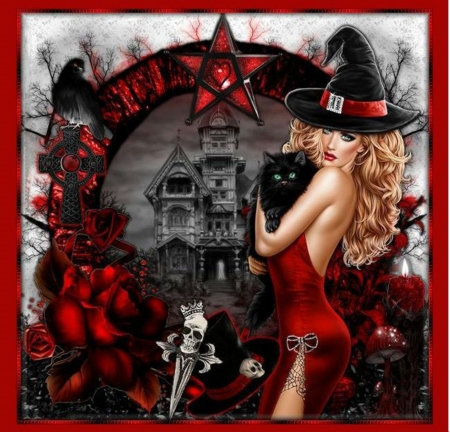 WITCH IN RED - cat, dress, female, hat, red, witch