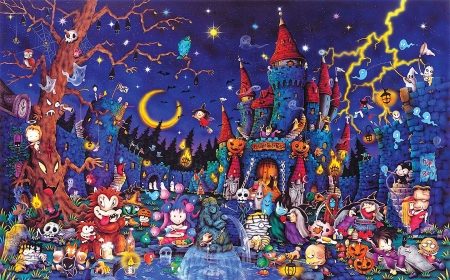 Spooky House - witches, moon, owls, pumpkins, colorful, digital, halloween, art, ghosts, castle