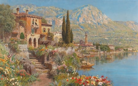 View of Riva on Lake Garda - water, lake garda, blue, orange, pictura, painting, riva, alois arnegger, art