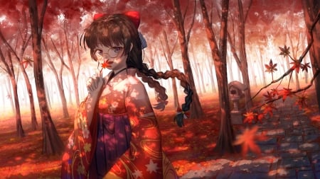 Autumn - anime, girl, kimono, forest, tree, manga, toamna, red, ji dao ji, leaf