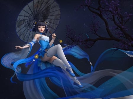 Fantasy girl - blue, girl, d lon, dlong, black, frumusete, fantasy, umbrella, parasol, luminos