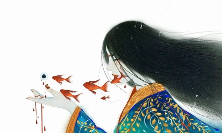 Goldenfish - blue, kimono, art, celia, girl, orange, fantasy, goldenfish, pesti, luminos, fish
